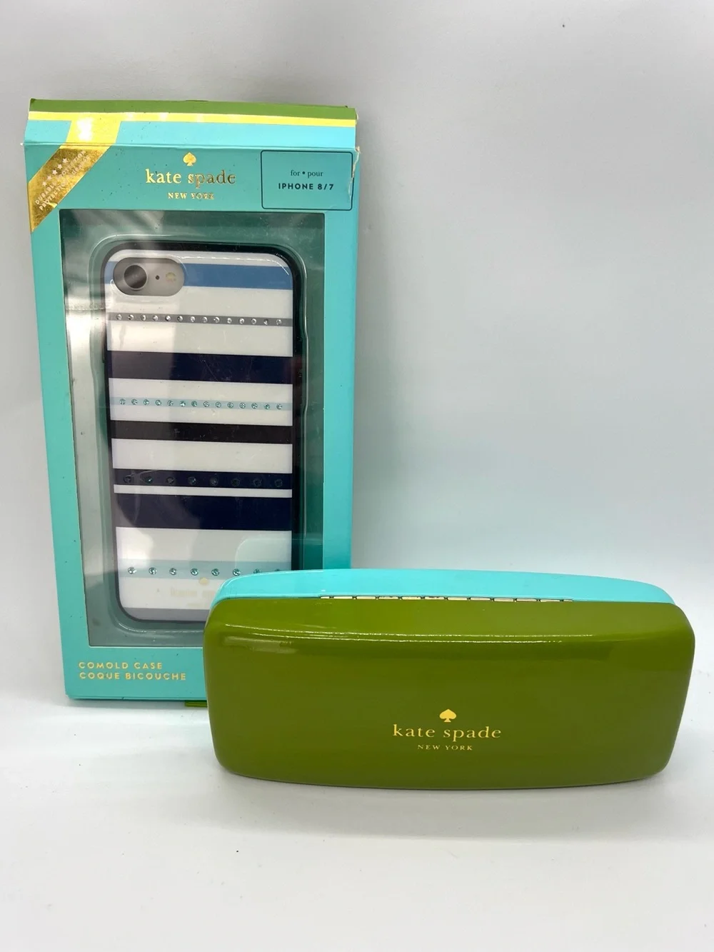 Kate Spade iPhone 8/7 Striped Jeweled Case NWT + Sunglasses Case Bundle